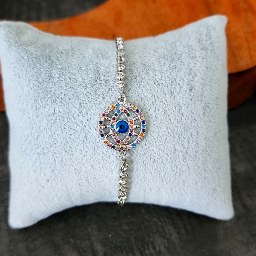 Nwot multicolor adjustable Evil Eye rhinstone bracelet in silver